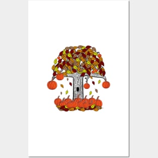 Simple Dark Tree With Pumpkins and Falling Leaves, Spooky Tree With Pumpkins leaves and pumpkins Posters and Art